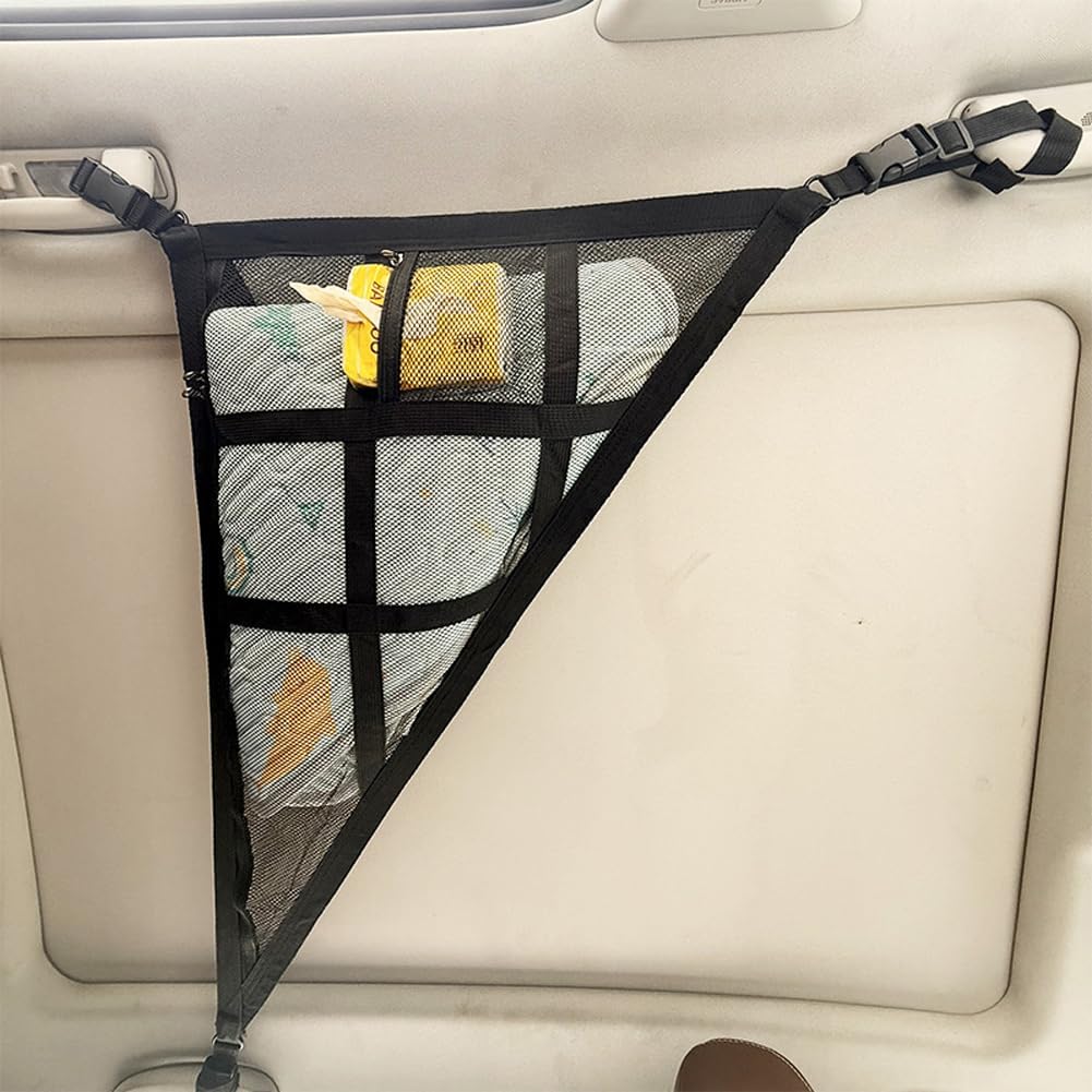 Car Ceiling Cargo Net, Triangle Roof Storage Organizer for Cars SUVs Trucks, Double-Layer Zipper Mesh Car Ceiling Storage Net Pocket, Interior Roof Cargo Holder with Three Handles