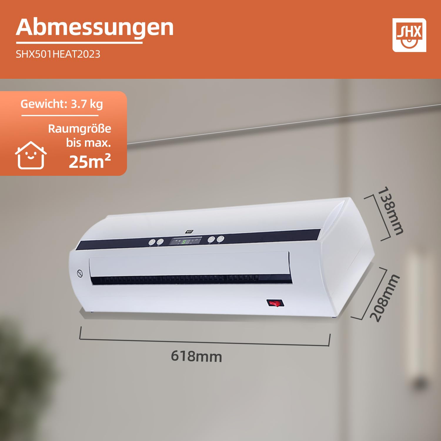 SHX Termoventilatore PTC a parete 2000W SHX501HEAT2023 - Elemento riscaldante PTC, 2 livelli di riscaldamento, 3 modalità di funzionamento, 2000 Watt, termostato elettronico, programmazione timer,
