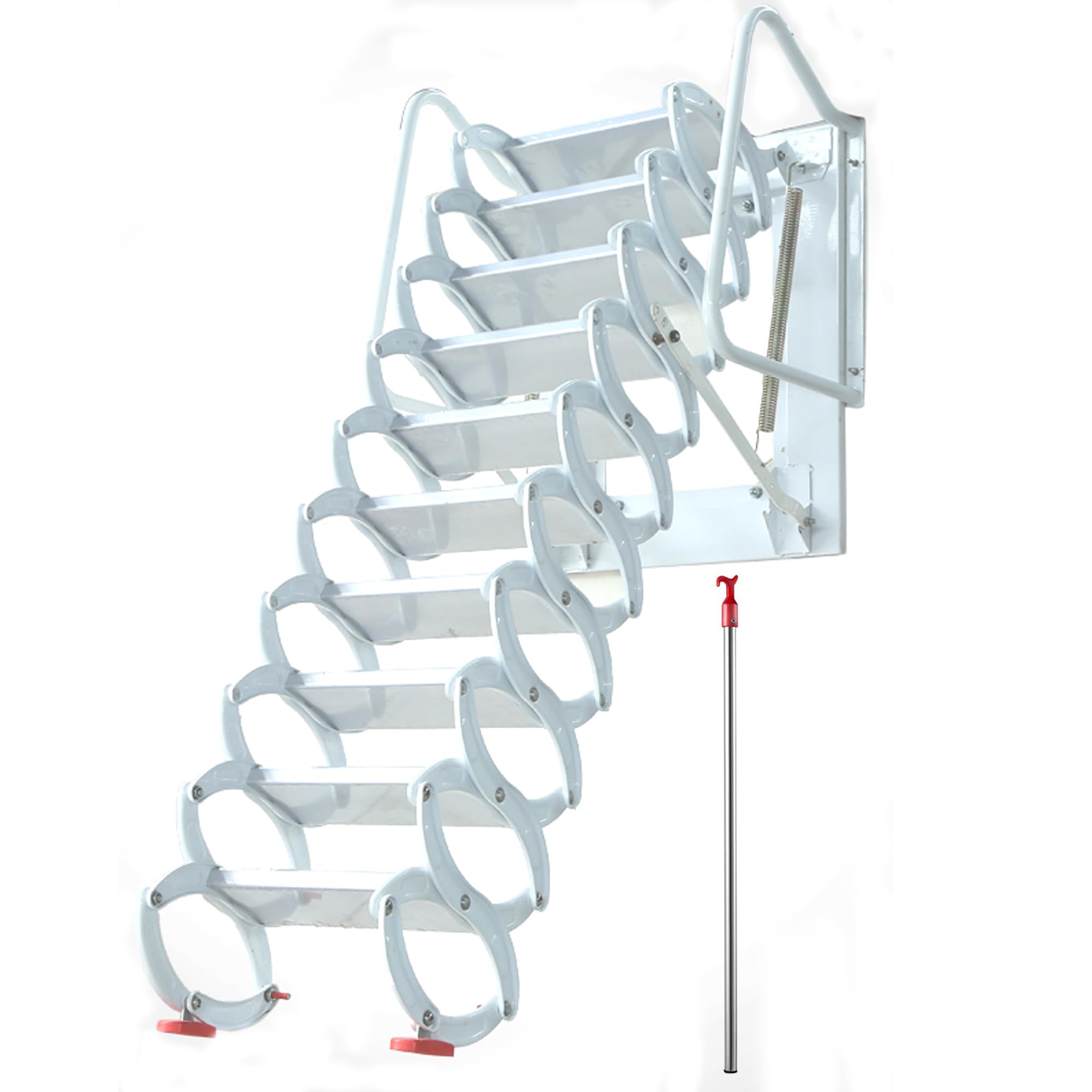HQHAOTWU Attic Ladder Wall Mounted Folding Loft Ladder Stairs Pull Down Folding Stairs Telescopic Ladder 12 Steps Retractable Loft Stairs Heavy Duty 9.8 Feet Height with 500LB Loading Capacity White