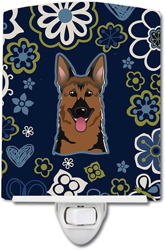 Caroline's Treasures BB5062CNL - Luz nocturna de cerámica de pastor alemán con flores azules, compacta, certificación UL, ideal para dormitorio,