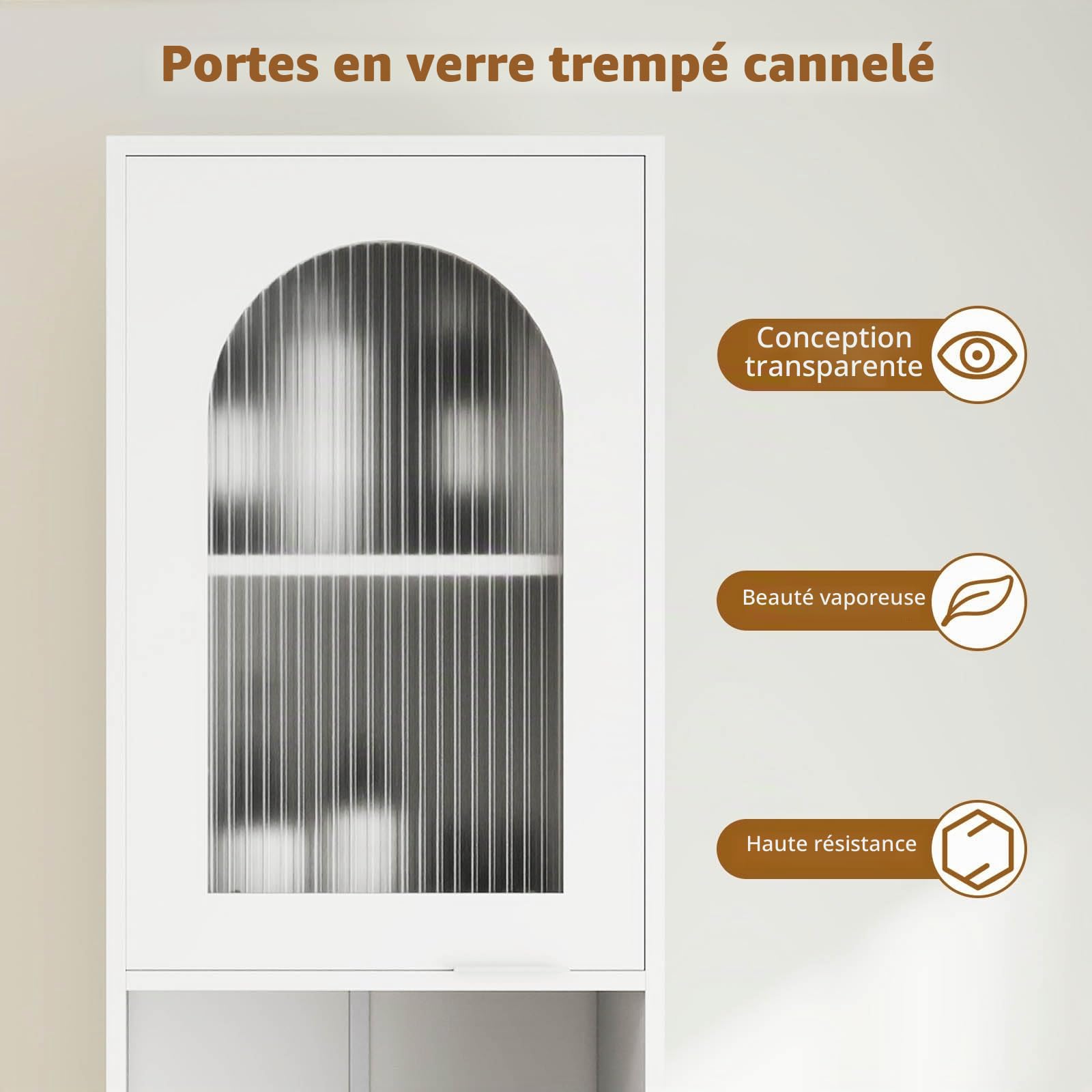 GIANTEX Meuble Colonne Salle de Bain, Armoire Étroit Autoportante 180 cm avec Étagères Réglables, Compartiments Ouverts, Portes en Verre Trempé, Meuble de Rangement pour Salon, Cuisine, Blanc