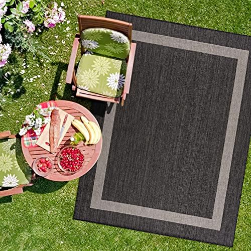 CAMILSON Outdoor Rug - Modern Area Rugs for Indoor and Outdoor patios, Kitchen and Hallway mats - Washable Outside Carpet (8x10, Bordered - Dark Grey/Light Grey)