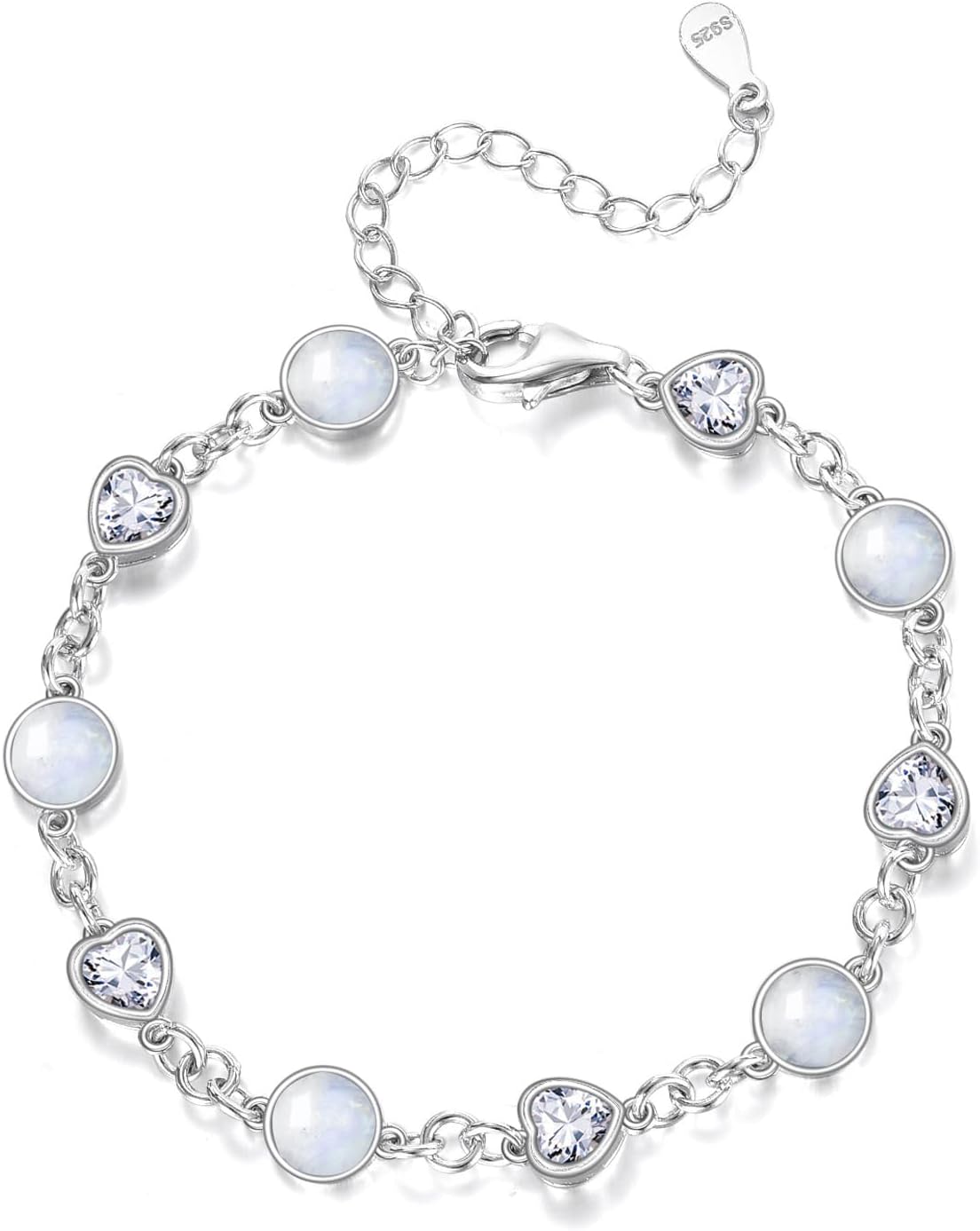 Genuine Moonstone Bracelet, Sterling Silver Adjustable Real Natural Healing Stone Dainty Jewelry for Women, 6.5''-7.5''