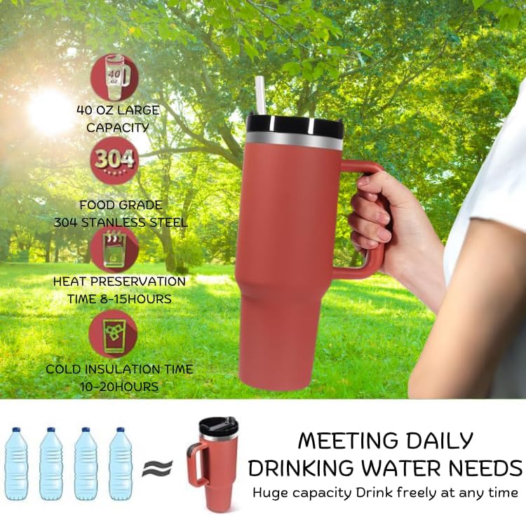 Stainless Steel Travel Mug, 40oz Vacuum Insulated Tumbler with Handle, Straw, BPA-free Lid, Maroon. Keeps drinks hot/cold for 12hrs. Perfect for coffee lovers, road trippers, or anyone. - Image 2