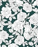 HAOKHOME 93171-3 Floral Wallpaper Peel and Stick Sketched Flower Removable Wall Paper Green/Black/White Vinyl Stick on Home Decorative for Bathroom 17.7in x 118in