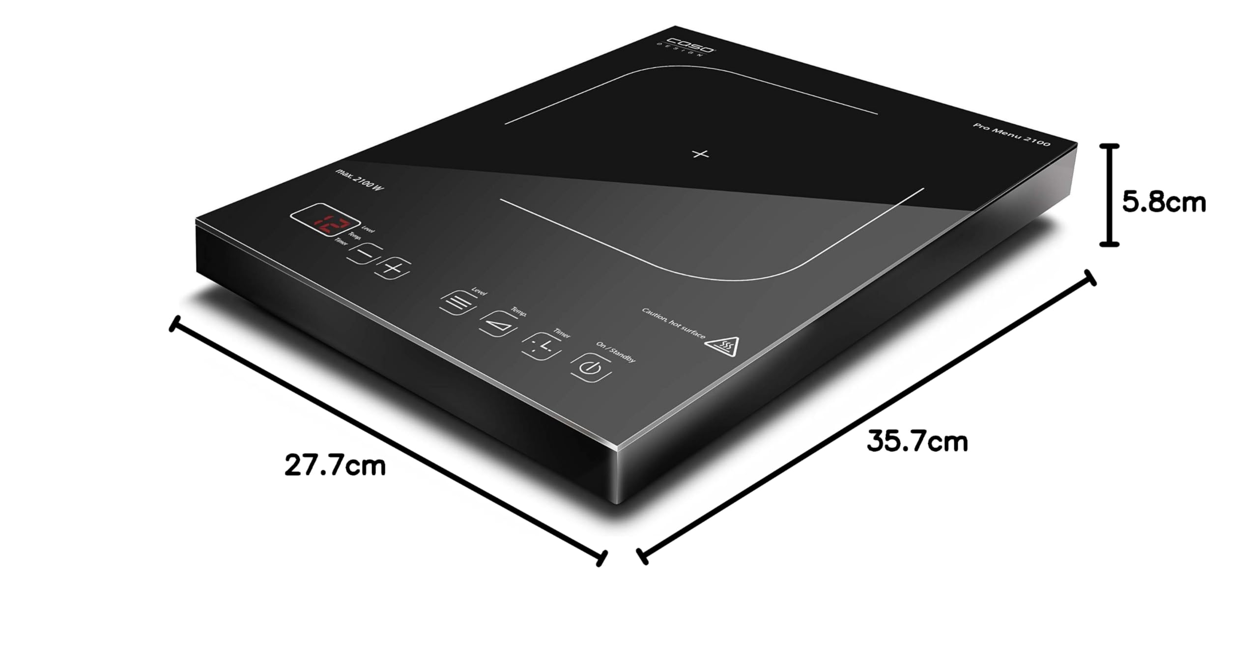 CASO PRO Menu 2100 - Piastra di cottura a induzione mobile, Smart Control su 12 livelli, 60-240°C, timer fino a 180 minuti, pentole fino a 24 cm, 2100 Watt, in vetroceramica