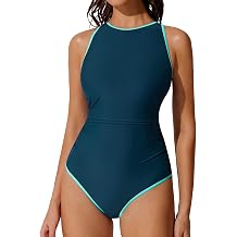 RXRXCOCO Women Tummy Control One Piece Swimsuit Ruched Slimming Bathing Suit Color Block High Neck Full Coverage Swimwear