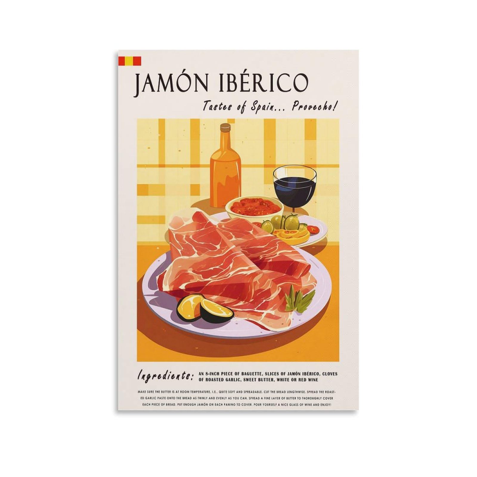 FUPMTKLT Spanish Jamon Iberico Food Poster Retro Restaurant Poster Spanish Cuisine Kitchen Dining Room Poster Canvas Poster Bedroom Decor Landscape Office Room Decor Gift 20x30inch(50x75cm)