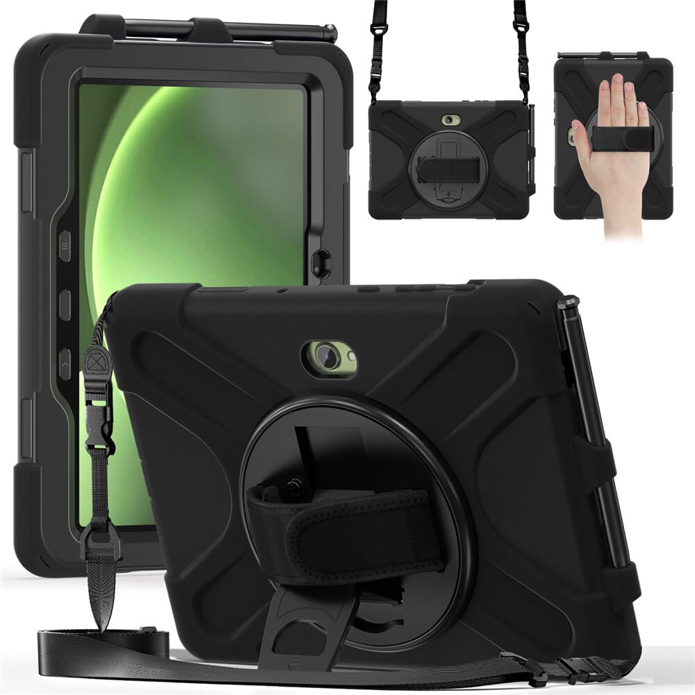 Compatibile per Samsung Galaxy Tab Active5 Pro 5G 101 SM X350 X356B (colore: nero) Custodia rigida antiurto in silicone con fascio, rotazione a 360 gradi