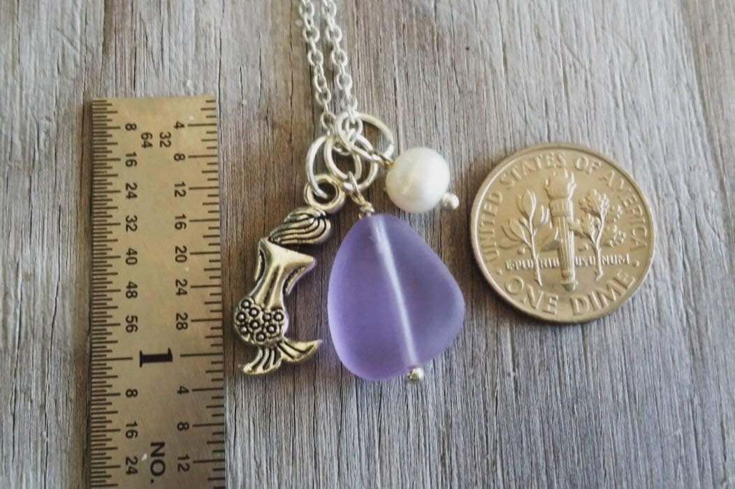 Handmade Magical Color Changing purple sea glass necklace, mermaid charm, Natural pearl, February Birthstone, (Hawaii Gift Wrapped