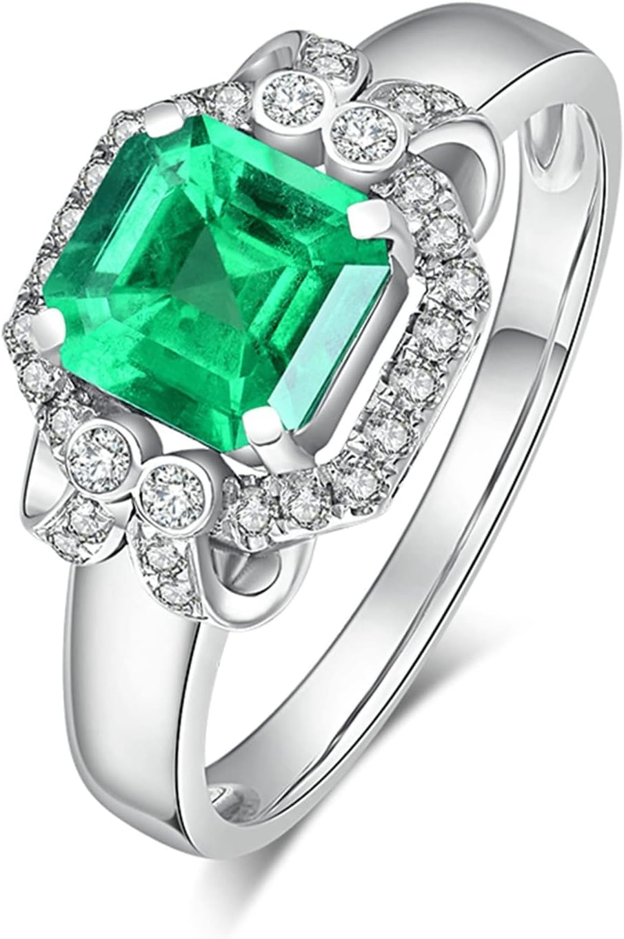 Engagement Ring 18K White Gold, Jewelry Ring Green Natural Square Emerald Rings Jewelry Valentines Day Gift for Women