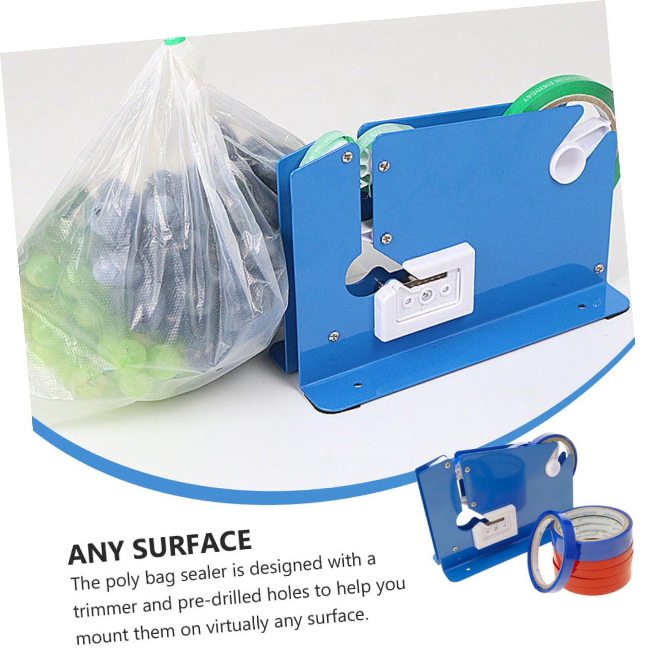 jojofuny Máquina Cortadora de Cinta Adhesiva 12 Mm 8 Rollos de Cinta Azul y Roja, Dispensador Sellador para Bolsas Plásticas, Equipo Portátil para Sellado y Embalaje Doméstico y Comercial