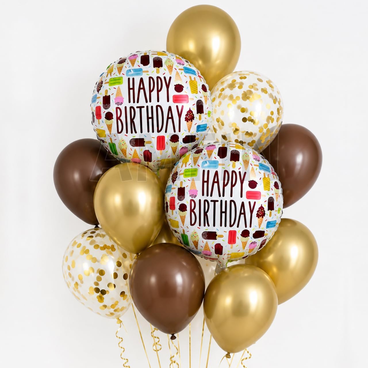 AMFINยฎ (Pack of 11 ) Happy Birthday Round Foil Confetti Balloon & Ribbon Combo for Husband , Boyfriend , Girlfriend , Wife Party Decorations / 1st Birthday Balloons Decoration Kit - Brown & Golden