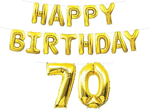 Beistle Cartel de globo de feliz cumpleaños número 70, letras inflables de Mylar para colgar, suministros de fiesta, color dorado, de 14.5 a 25 x