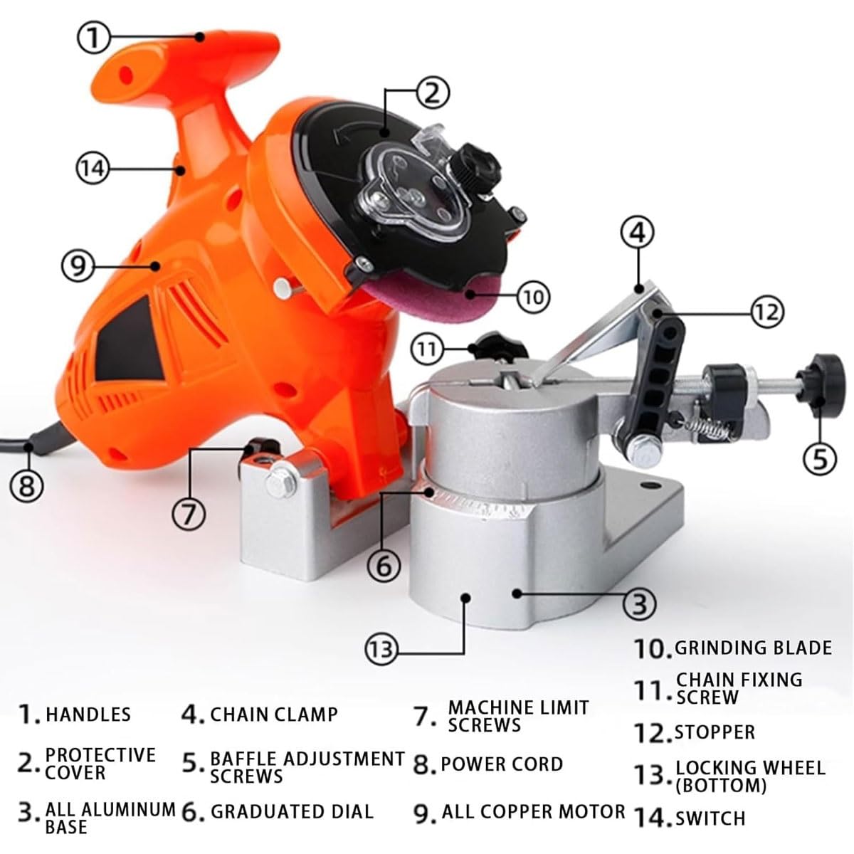 Affilatrice elettrica for motoseghe, smerigliatrice da banco compatta da 250 W, smerigliatrice a catena da 8400 giri/min con angolo regolabile da 0 a 35° e 5 mole, for tutti i tipi di motoseghe