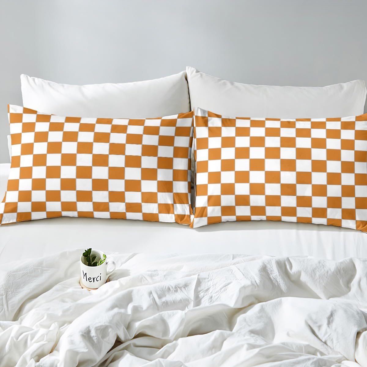 Homewish White Orange Checkered Bedding Set Single Buffalo Plaid Grid Comforter Cover,Checkerboard Duvet Cover For Kids Adults Men Women Aesthetics Gingham Quilt Cover Modern Room Decor - Image 4