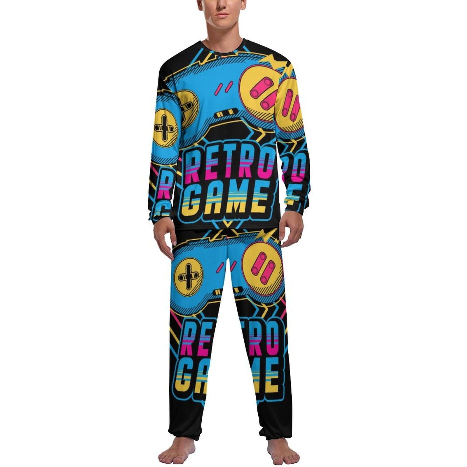 Mzgfaq Men's Color1 Retro Game Pajama Set Sleepwear Pjs Top Long Sleeve Bottoms Pants Loungewear