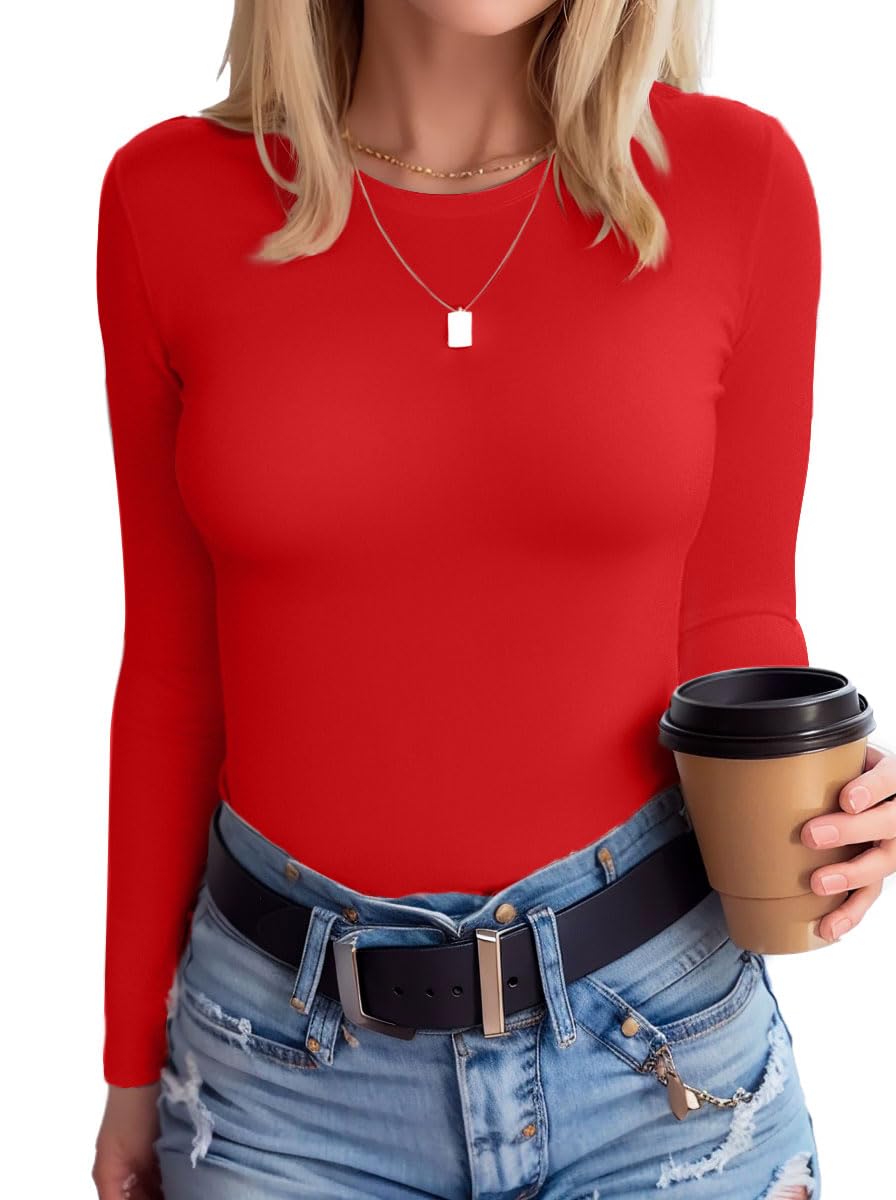 SANDERY Womens Round Neck Long/Short Sleeve Shirts Ribbed Casual Slim Fitted Tops Blouses