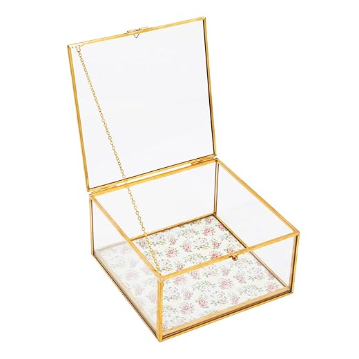 Zodaca Small Glass Jewelry Box for Keepsakes with Gold Metal Frame, Hinge Lid, Vintage Floral Design (6x 6 x 3 In)