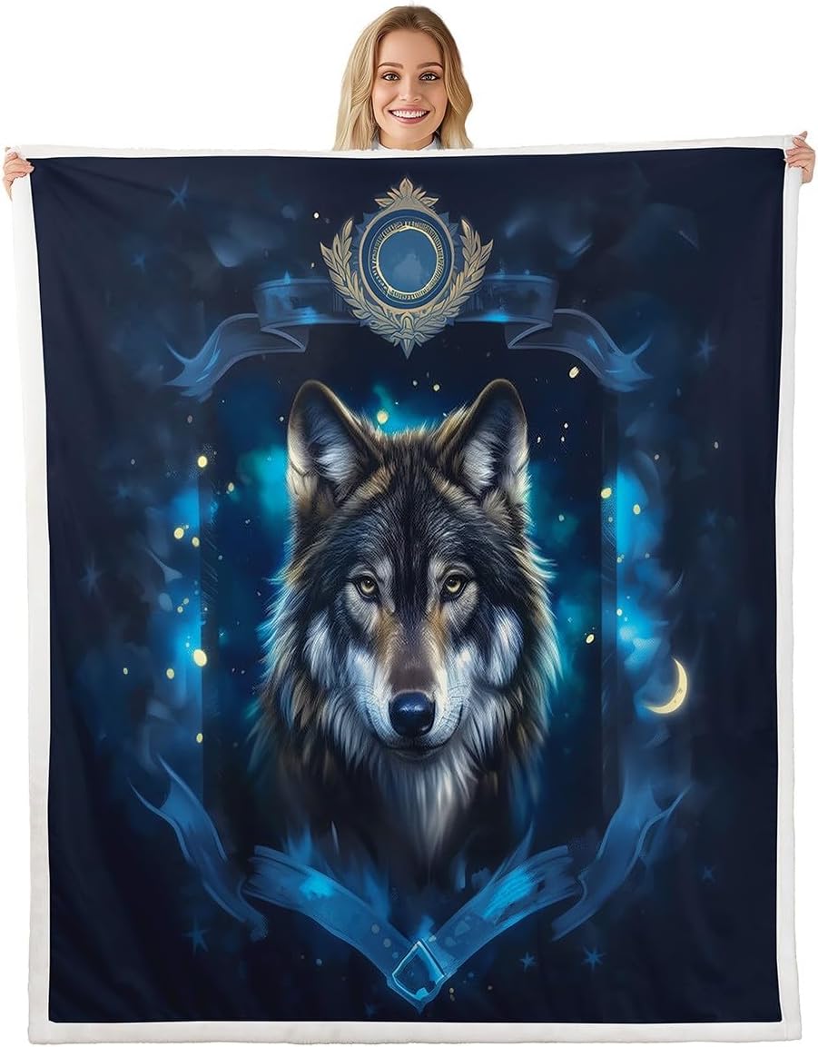 Feelyou Wolf Fleece Throw Blanket Queen 90"x90" Animal Wolves Plush Blanket for Bed Sofa Couch Mountain Moon Wolf Sherpa Blanket Blue Fuzzy Blanket Room Decor Flannal Blanket