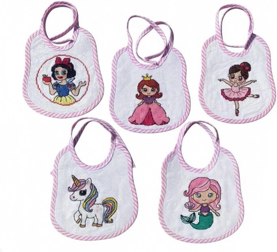 Cross stitch bib kits of 5pcs blank cotton 14ct aida fabric with patterns and hoops to quick start for expecting mom stress relief to make personalized welcome gift to new born in pink edge