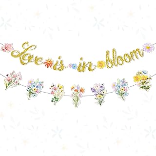 Funrous Love is in Bloom Banner Bridal Shower Decorations Gold Glitter Wildflower Floral Flower Theme Indoor Outdoor Wall Hanging Decor for Girl Women Bachelorette Wedding Engagement Party Supplies