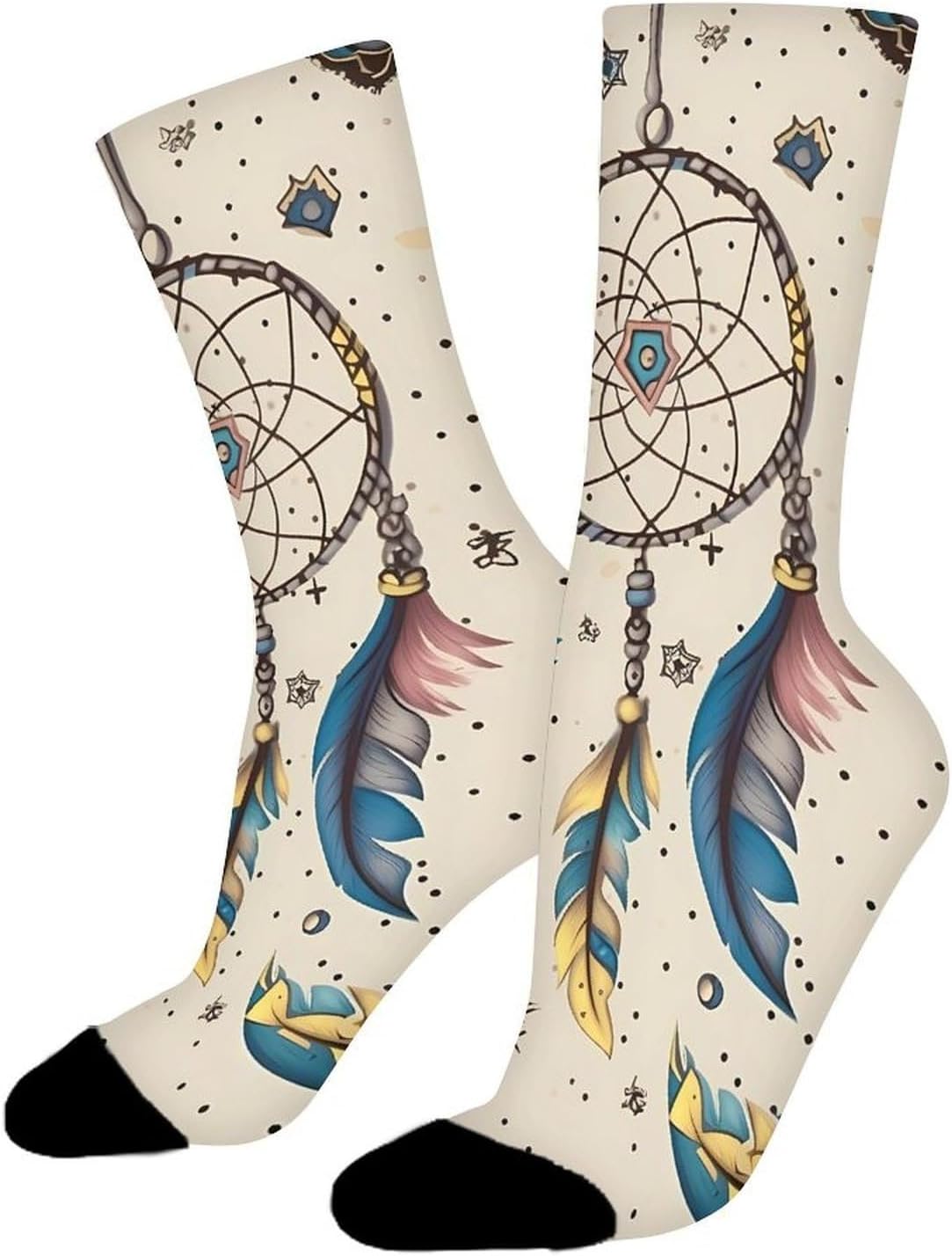 Moisture Wicking Socks, Breathable, Lightweight Crew Sock, Casual | Dream Catcher And Moon Work Socks for Women Men, Elastic Soft Boot Socks for Travel, Seamless