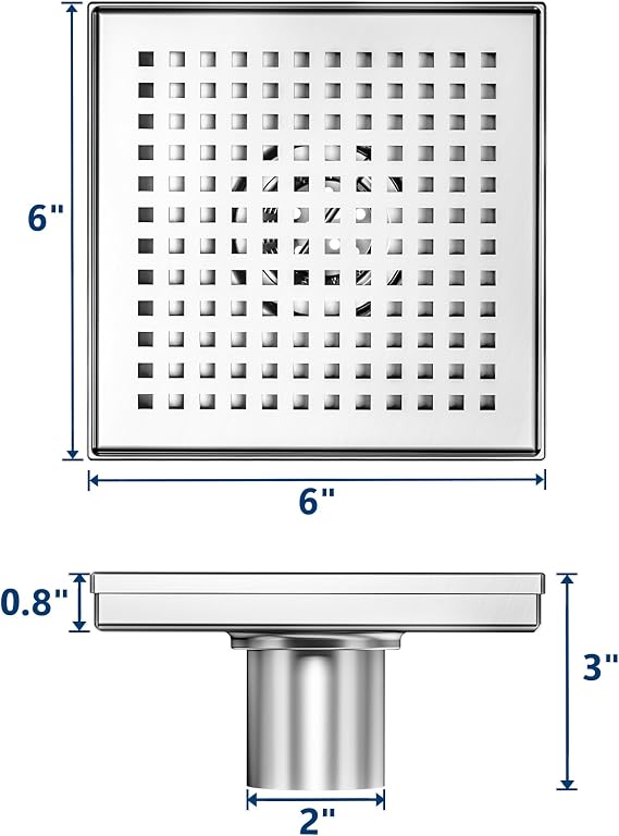 Neodrain 6 Brushed Square Shower Drain with Quadrato Pattern Grate | 304 Stainless Steel, Floor Drain with PVC Shower Drain Base and Rubber Gasket for Bathroom,Includes Hair Strainer