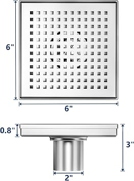 Neodrain 6 Brushed Square Shower Drain with Quadrato Pattern Grate | 304 Stainless Steel, Floor Drain with PVC Shower Drain Base and Rubber Gasket for Bathroom,Includes Hair Strainer