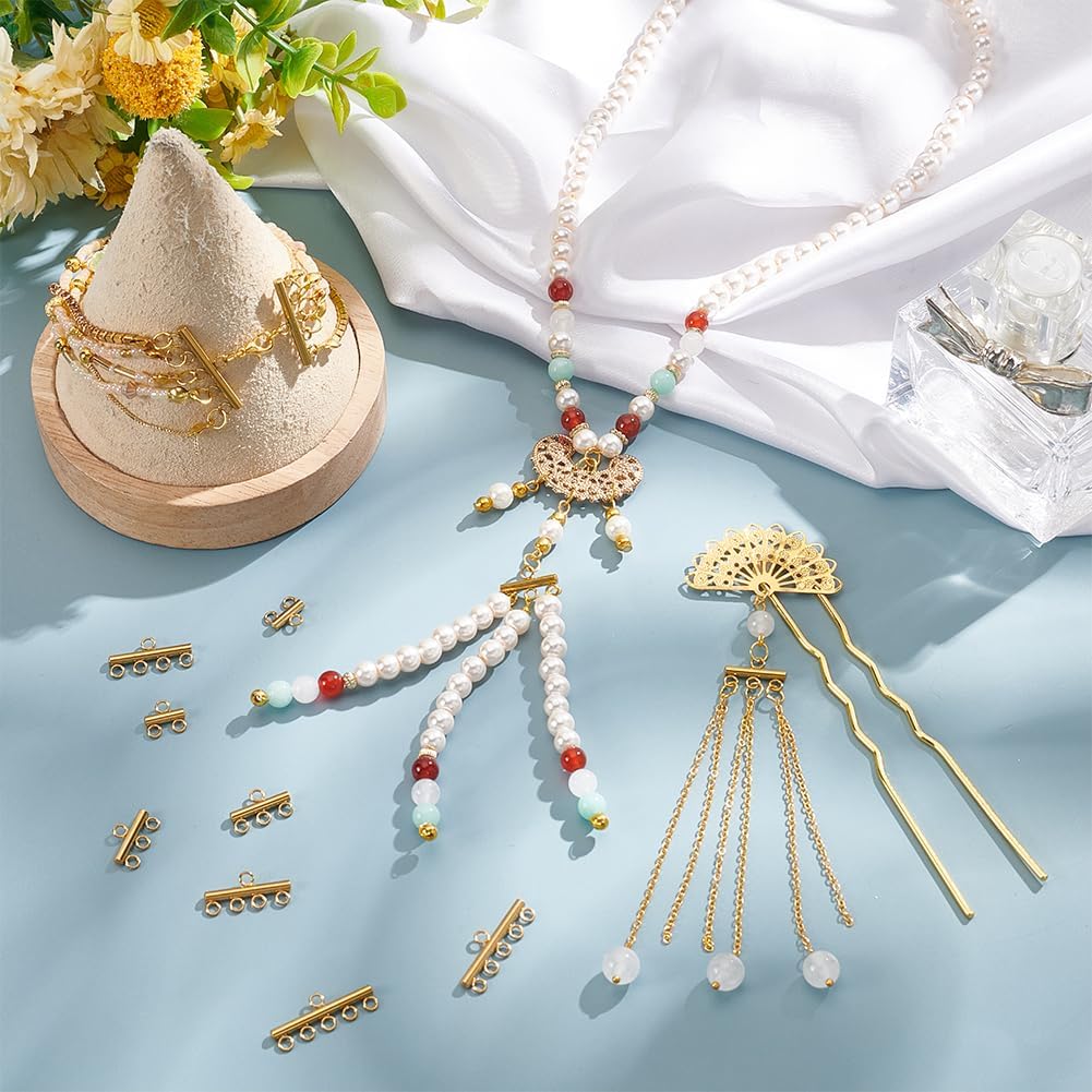 PH PandaHall 32PCS Stainless Steel Slide Clasp Lock, 4 Style Golden Necklace Layering Clasps Multilayer Chain Clasp Connectors Jewelry Clasps for Layered Bracelet Necklace Jewelry, 3/4/5/6 Loops