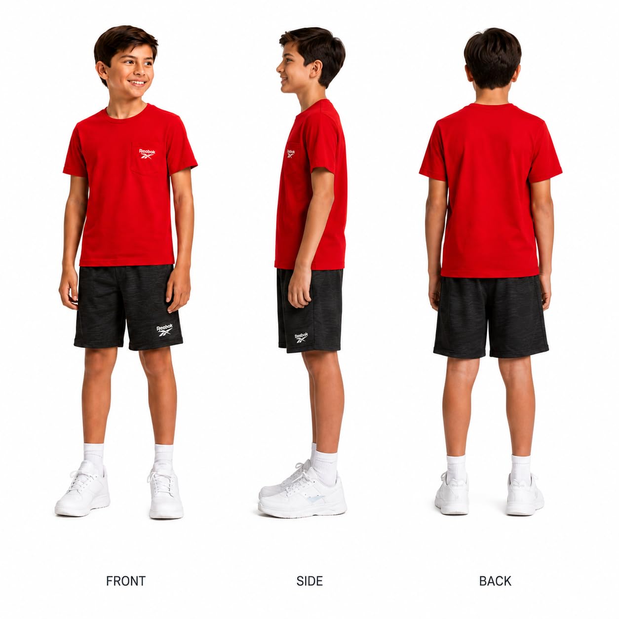 Reebok Conjunto de pantalones cortos deportivos para niños, ropa de verano de 2 piezas con camiseta gráfica y pantalones cortos de baloncesto para niños activos