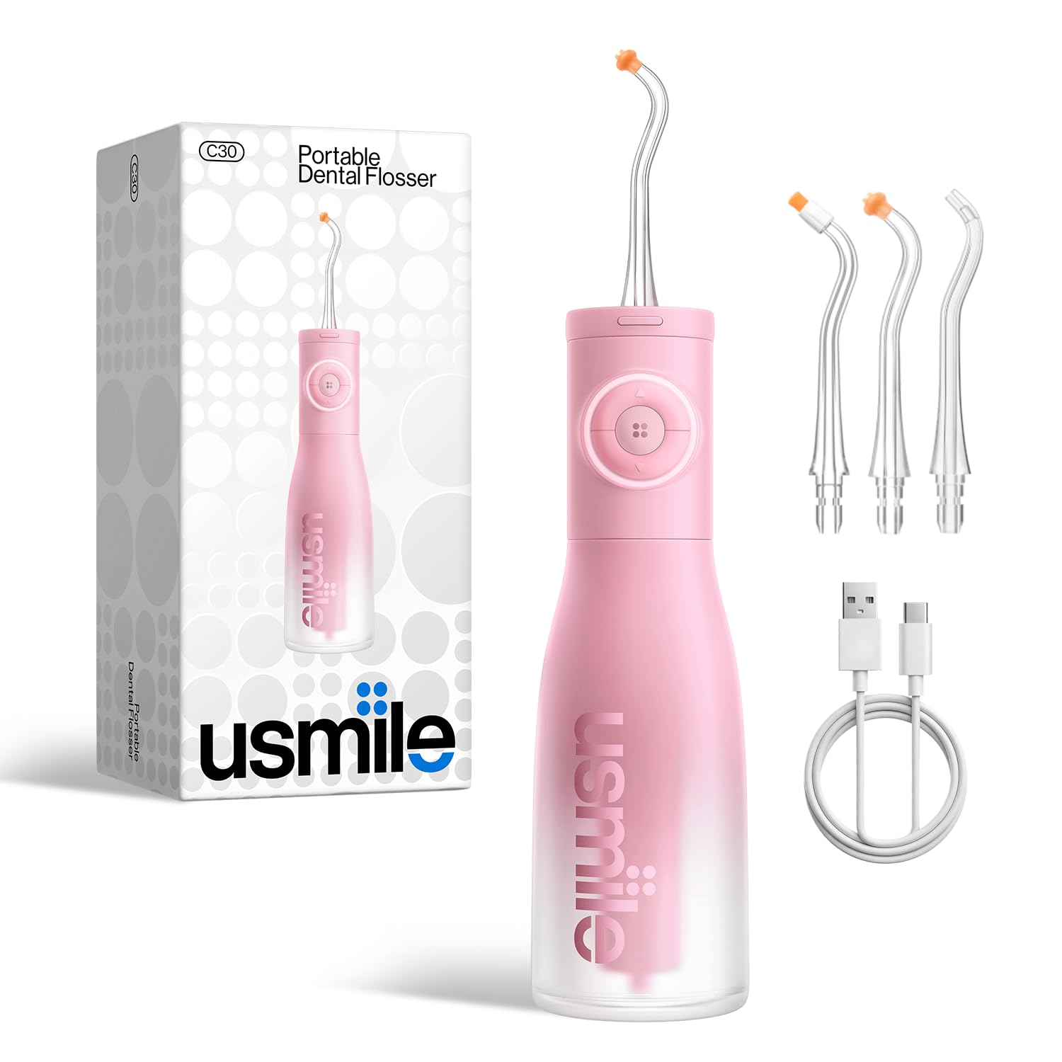 usmile C30 무선 워터 플로서, 300ml 대형 탱크, 5가지 압력 레벨 딥 클린, 교정기 및 민감한 잇몸을 위한 S자형 노즐, USB-C 충전식, IPX7 방수, 휴대용 여행 및 가정용(핑크)