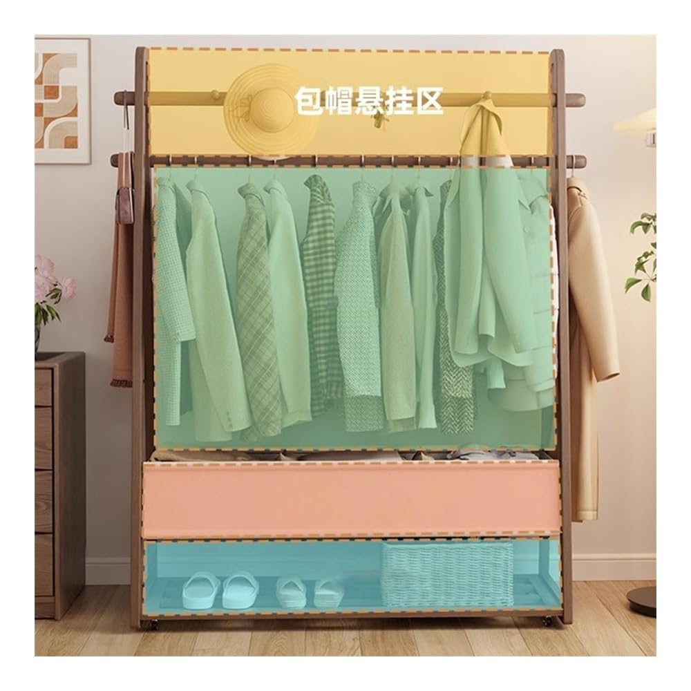 Massivholzgarderobe mit Rollen, mobiles Aufbewahrungsregal für Eingangsbereich und Schlafzimmer, Hängeorganizer mit Stofftasche, höhenverstellbar, Walnussholz-Finish, kleine Größe