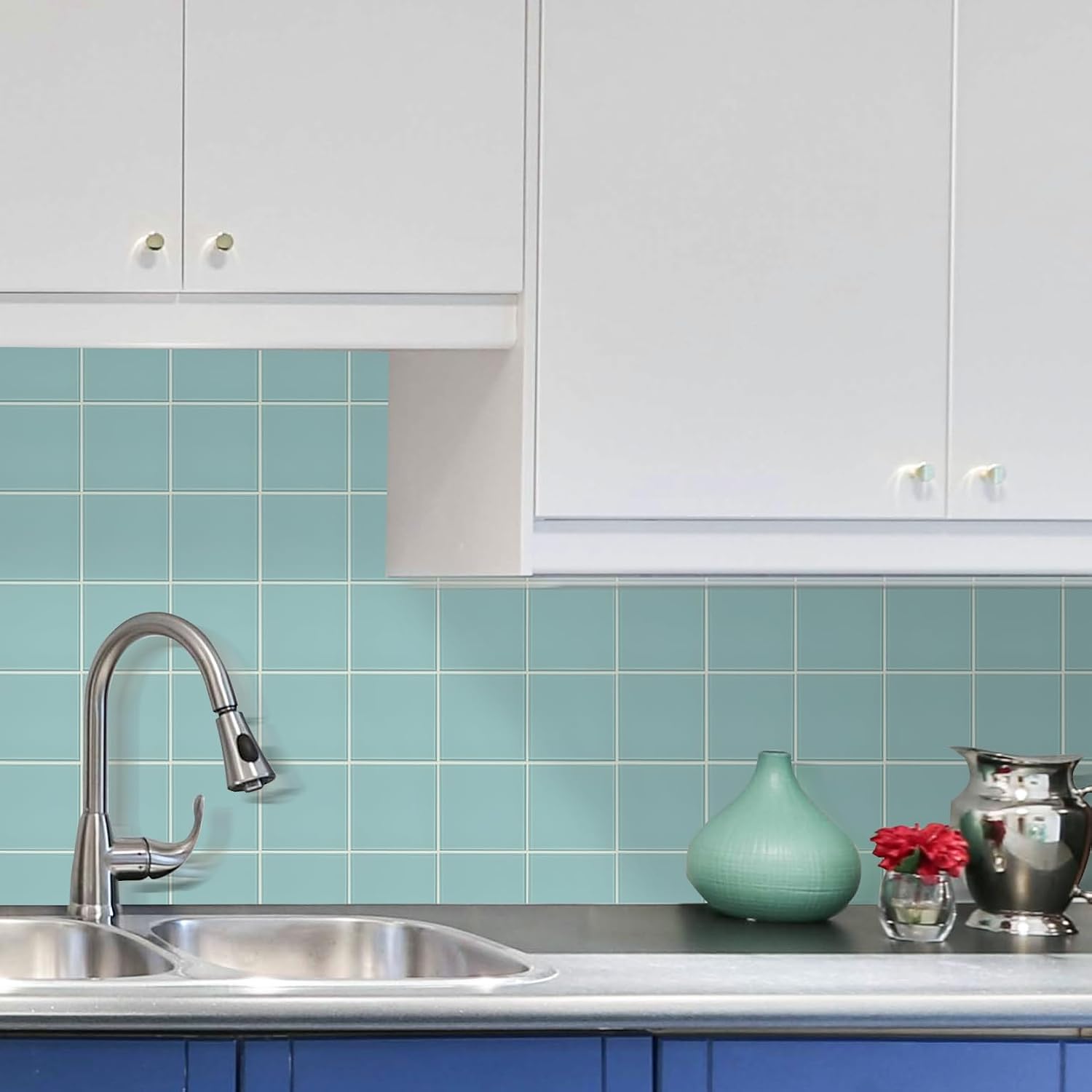 Glass Tiles Peel and Stick Backsplash, Blue Square Backsplash Peel and Stick Glass Tile with Frame for Kitchen Bathroom (5 Sheets, 5 SQ.FT.)