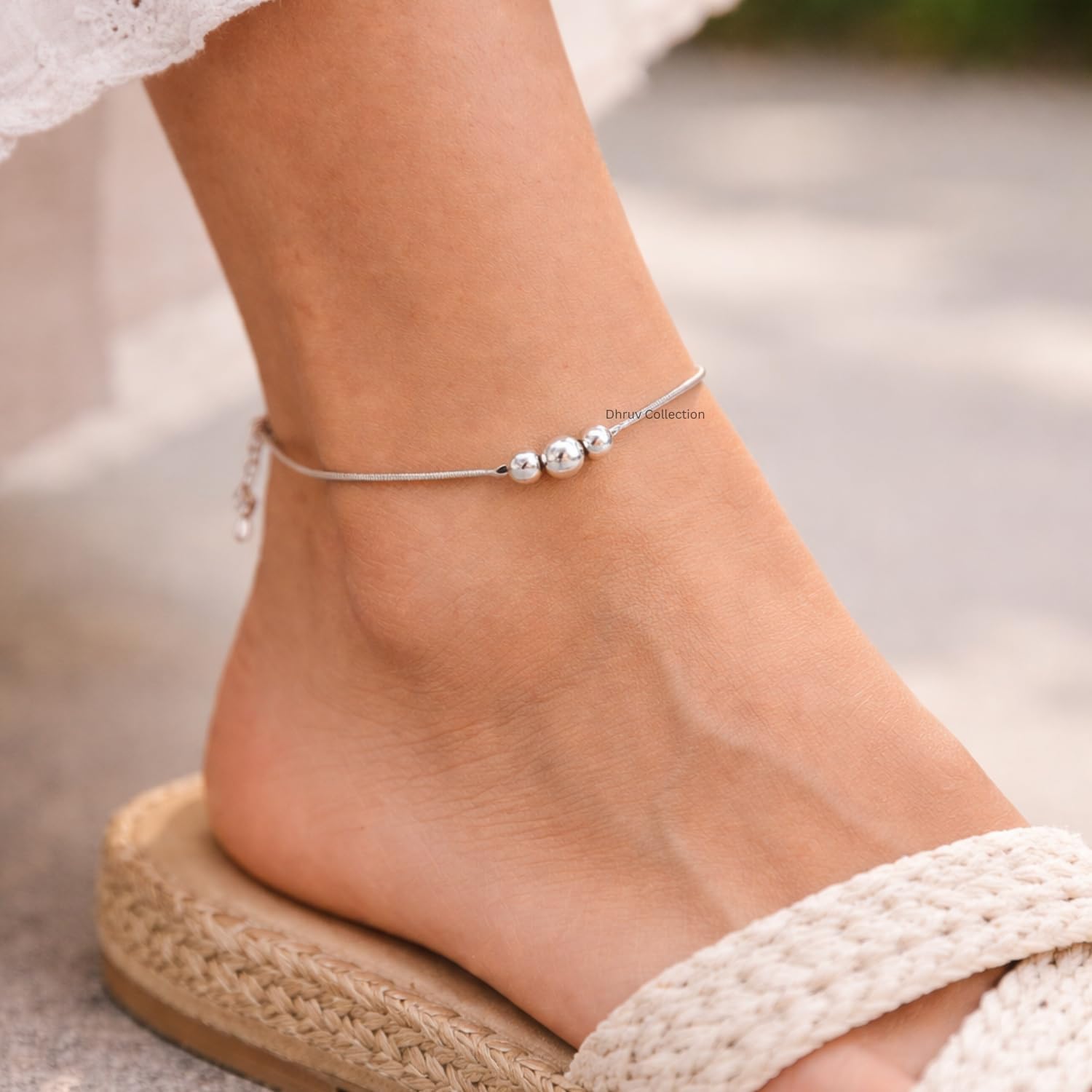 DHRUVS COLLECTION 925 Silver 3 Moving Ball Threaded Snake Pattern Anklet for Women