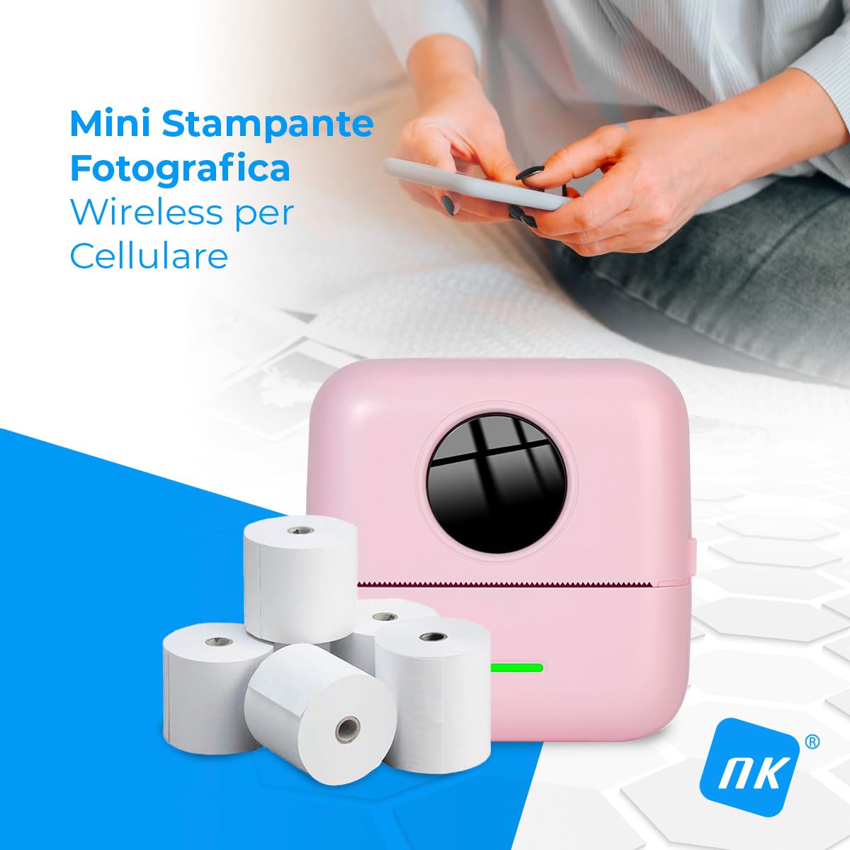 NK Stampante Fotografica Portatile con 5 Rotoli di Carta Termica - Mini Stampante Termica Mobile Wireless, Cavo USB, Compatibile con iOS e Android, Rosa