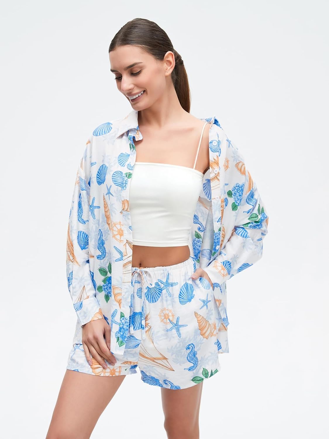 Womens Two Piece Summer Set Cute Beach Outfit with Button Up Shirt & Long Sleeves Vacation Cover Up Set