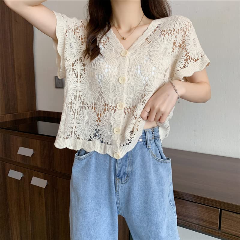 Cottagecore Clothing Fairy Grunge Clothes Fairycore Shirt Women Short Sleeve Crochet Hollow Out Flower Lace Cropped Cardigan2