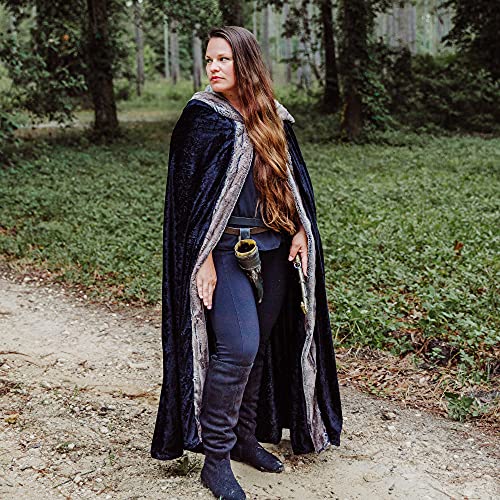 Everfan Adult Black Hooded Cloak With Faux Fox Fur Trim And Metal Clasp | Fox Fur Trim Hooded Cloak Cape For Adults (56" Long) #TOP2