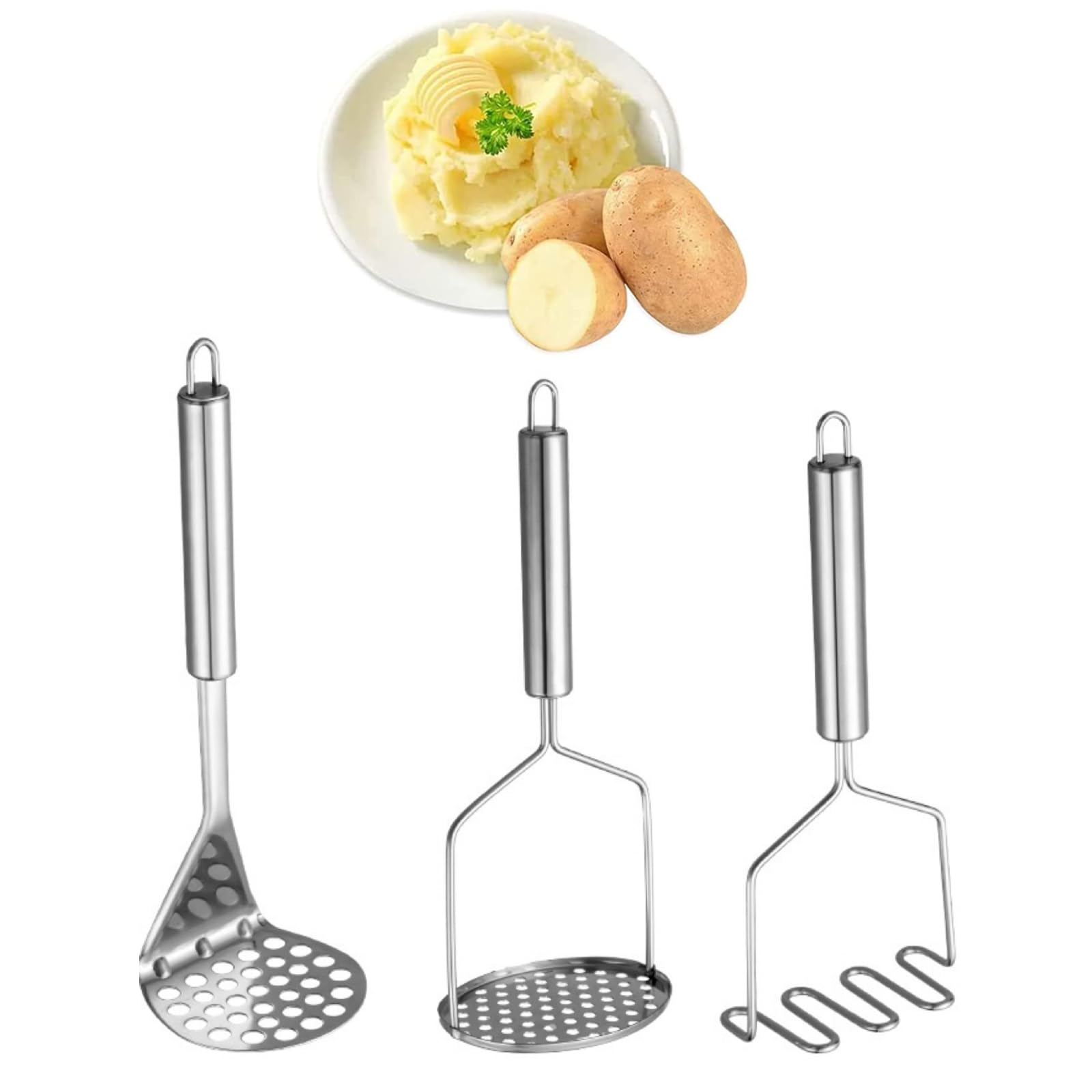 Hooshion3 PCS Potato Masher,Heavy Duty Stainless Steel Potato Masher Kitchen Tool, Hand Masher Perfect for Bean, Vegetable, Fruits, Avocado, Meat