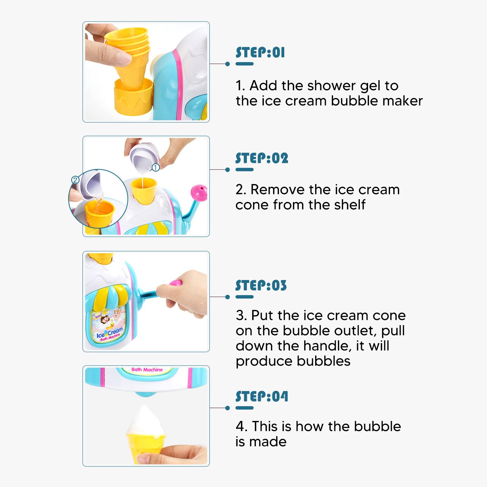 Macchina per bolle di sapone a forma di gelato Schiuma durevole Macchina per bolle di aspirazione per il bagno Bagno 23x23x8 cm Plastica blu