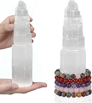 RattanView Large Selenite Bracelet Holder 8 Bracelets Display Stand | Selenite Tower Crystal Bracelet Display Organizer Stand for Healing Bangles Cleansing Recharging Home Decor