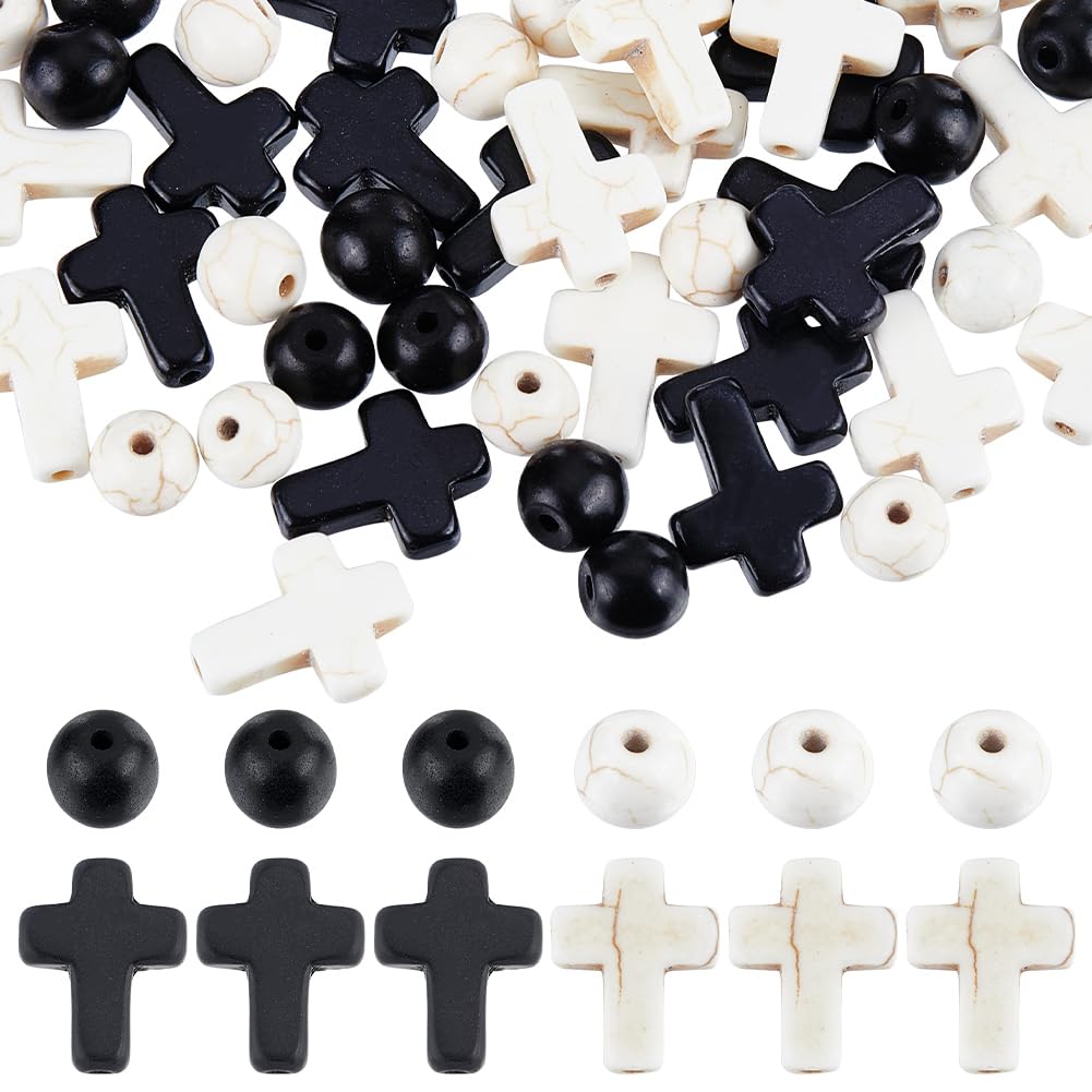 SUNNYCLUE 300Pcs Cross Beads Round Loose Spacer Beads Bulk Black White Cross Beads Mini Small Synthetic Turquoise Stone Bead Tiny Pocket Crosses Easter Holiday Crucifix Beads for jewellery Making Kits
