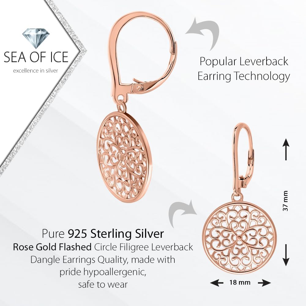 Sterling silver circle filigree leverback dangle earrings for women, 1.49" - Image 2