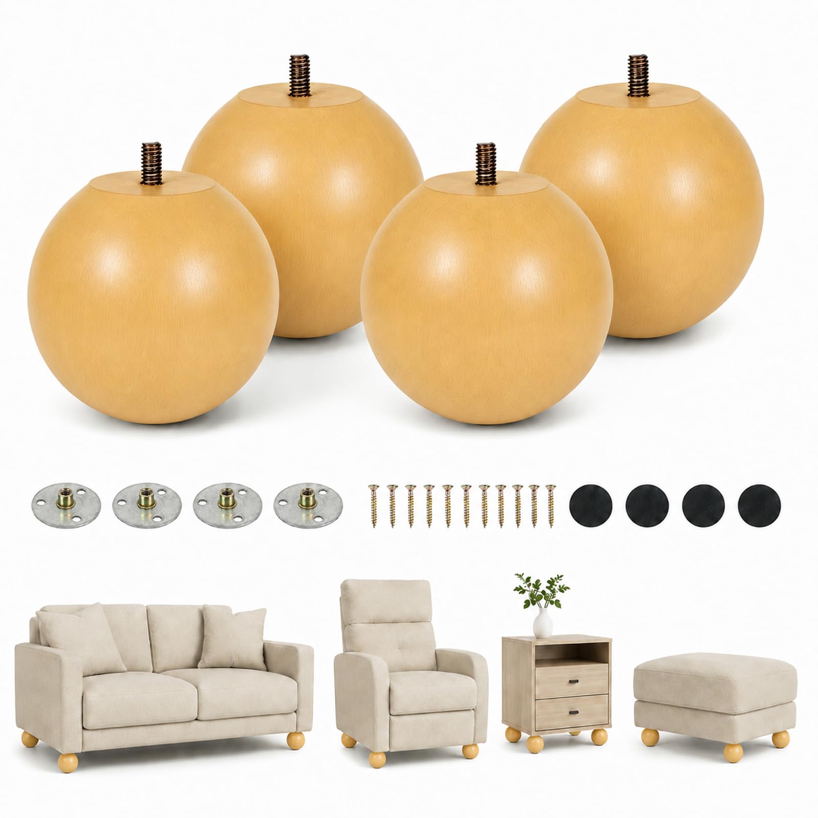Wooden Furniture Legs Set of 4, 11x10 cm Round Yellow Sofa Huge Bun Feet