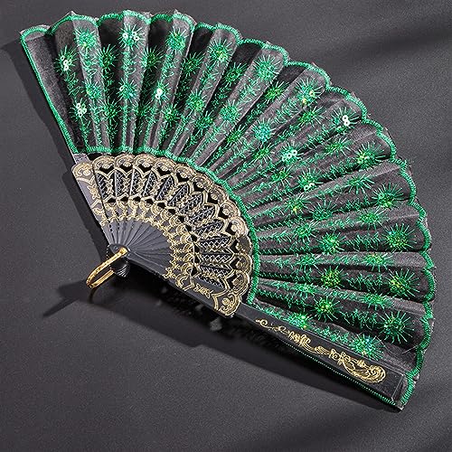 YAOHY Abanicos De Madera Creativo con Cola De Pavo Real, Abanico De Seda De Mano De Encaje Clásico para Danza Escénica Accesorios Plegables(Verde)