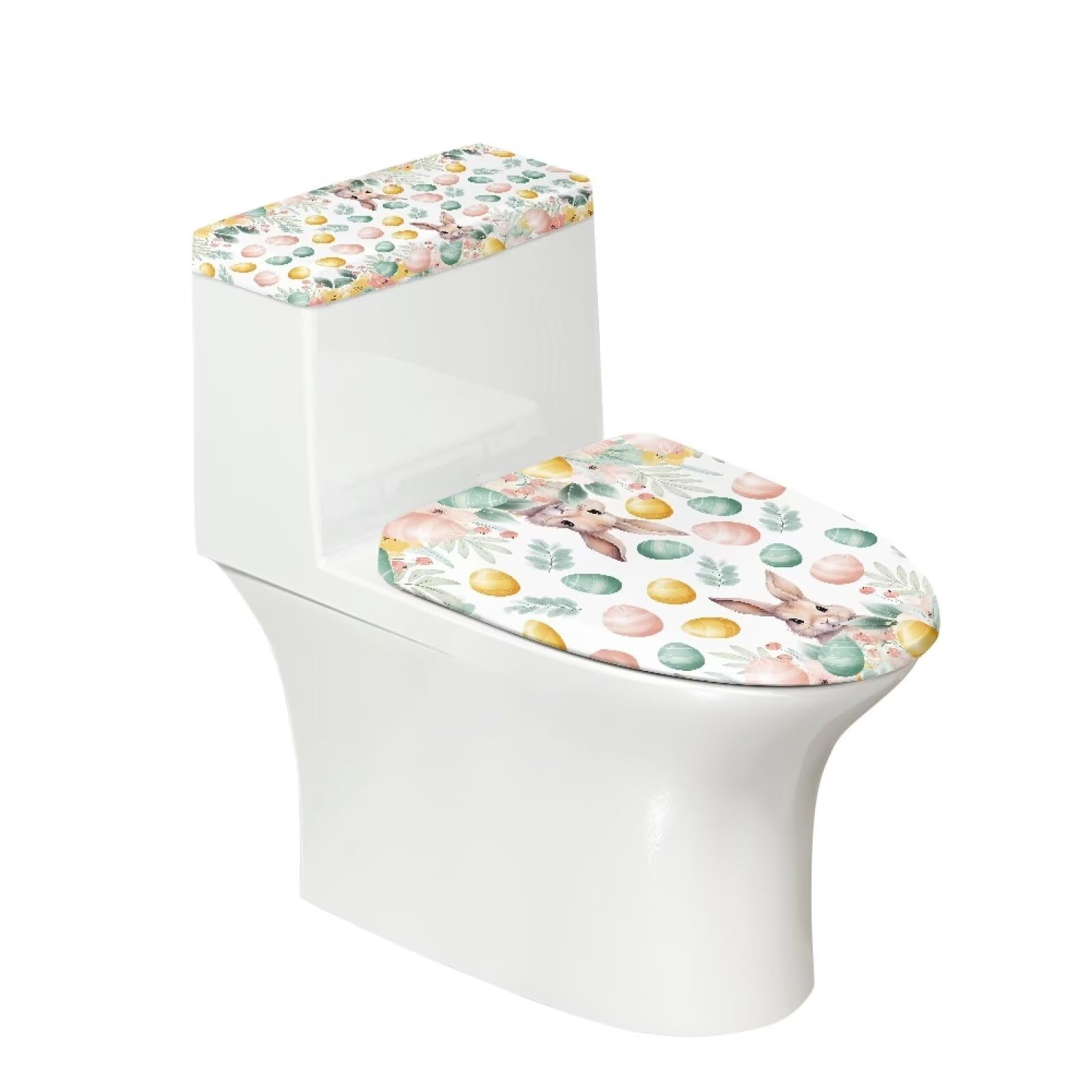 Sellikakes Luxury Cartoon Rabbit Egg 2 Pack Toilet Lid Cover Set, Stretchy Polyester Spandex Fabric, Durable Bathroom Toilet Lid Seat Cover Set, Easter Decor