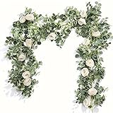 2pcs Elegant 13ft Artificial Eucalyptus & Rose Wreaths - Lush Greenery with White Roses, Perfect for Wedding Table Backdrops, Party & Home Decor - Versatile for All Seasons (White)