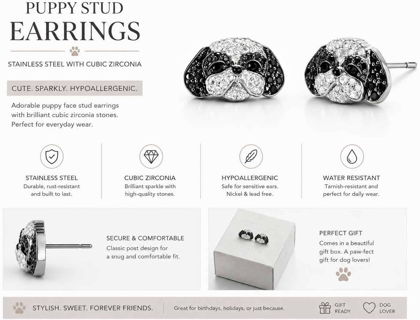Dog Lovers' Earrings, Different Dog Breed Stud Earrings with Crystals, Rose Gold and Silver Tone - Party, Birthday, or Christmas Gift