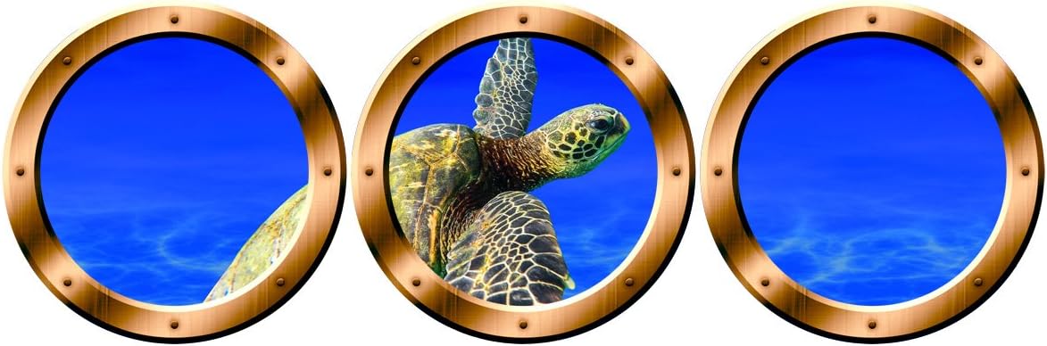 Submarine Porthole Decal, Sea Turtle Wall Decor - Ocean Animals Stickers -VWAQ-SPW19 (14" Diameter, Silver)